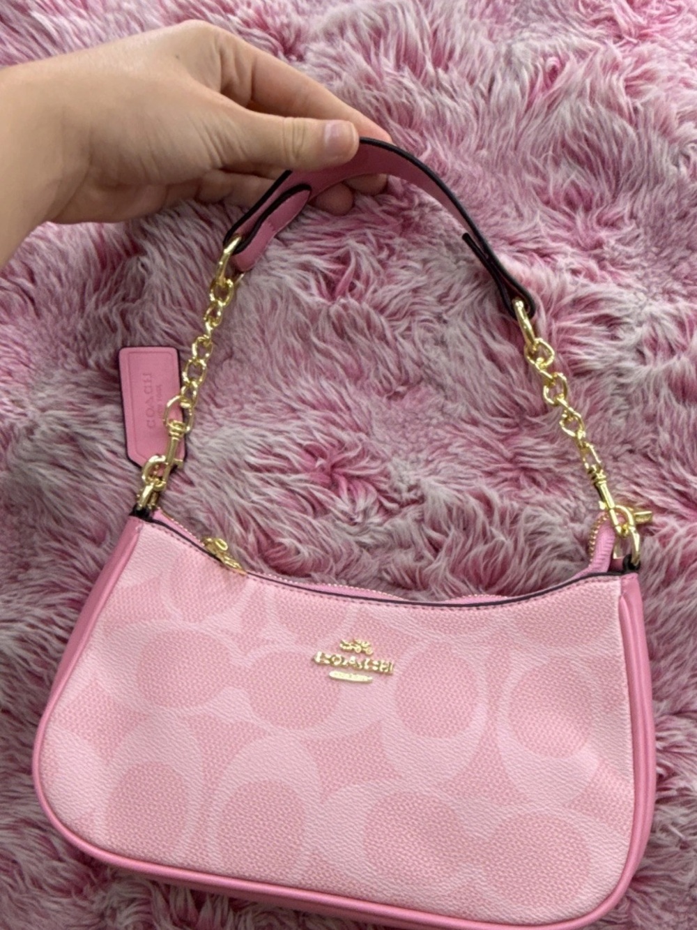 Coach Pink Signature Mini Shoulder Bag with Gold-Tone Chain